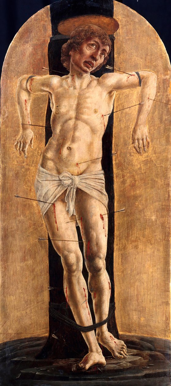 ""Saint Sebastian"" (Saint Sebastian) Maleri av Cosimo (Cosimo) Tura (før 1431-1495), ca 1484 - Olje på tre, 75x33 - Staatliche Museen, Berlin av Cosimo Tura