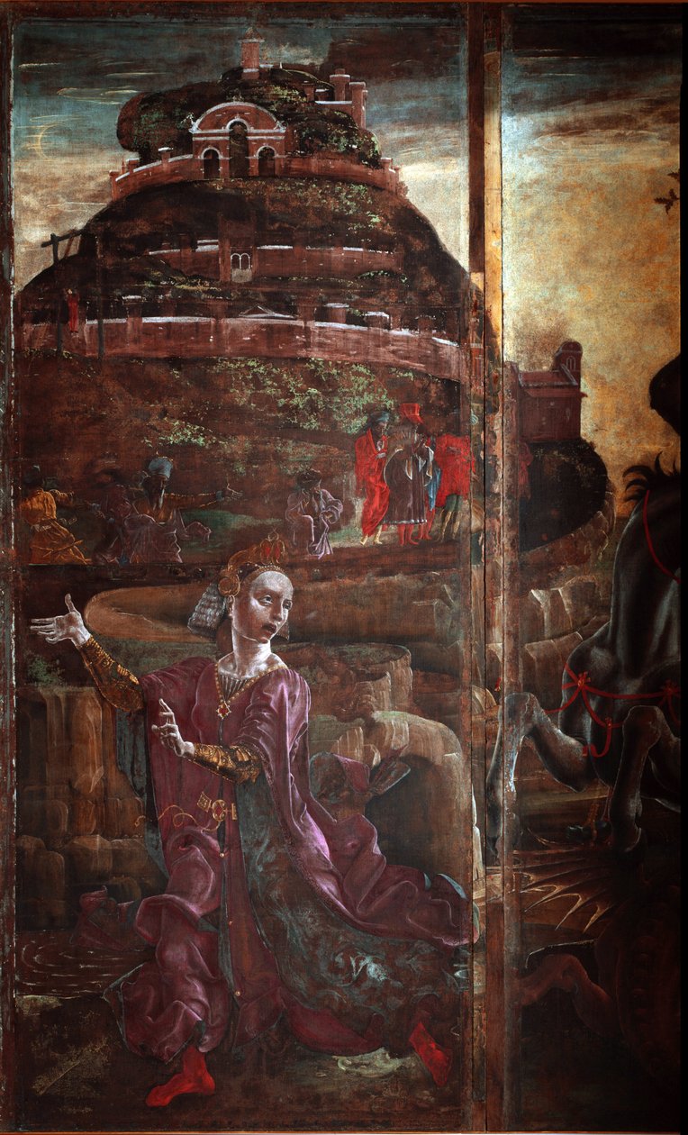 St George and the Dragon, detalj av prinsessen - olje på panel av Cosimo Tura