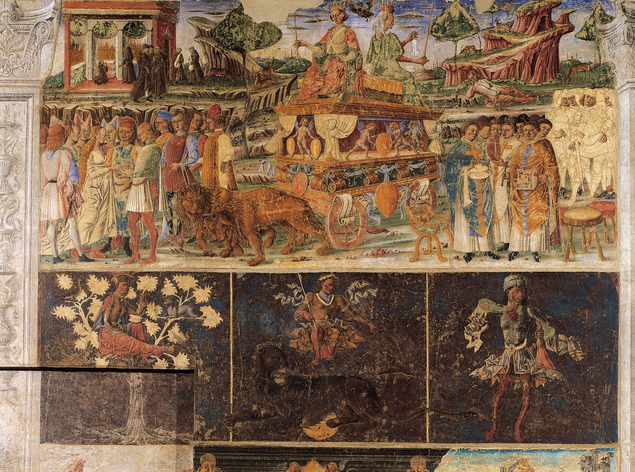 Triumf av Jupiter og Cybele og løvens tegn, scener fra juli måned, freskomaleri, nordvegg, Hall of Months, Palazzo Schifanoia (Gledens palass), Ferrara, Italia, ca. 1470 av Cosimo Tura