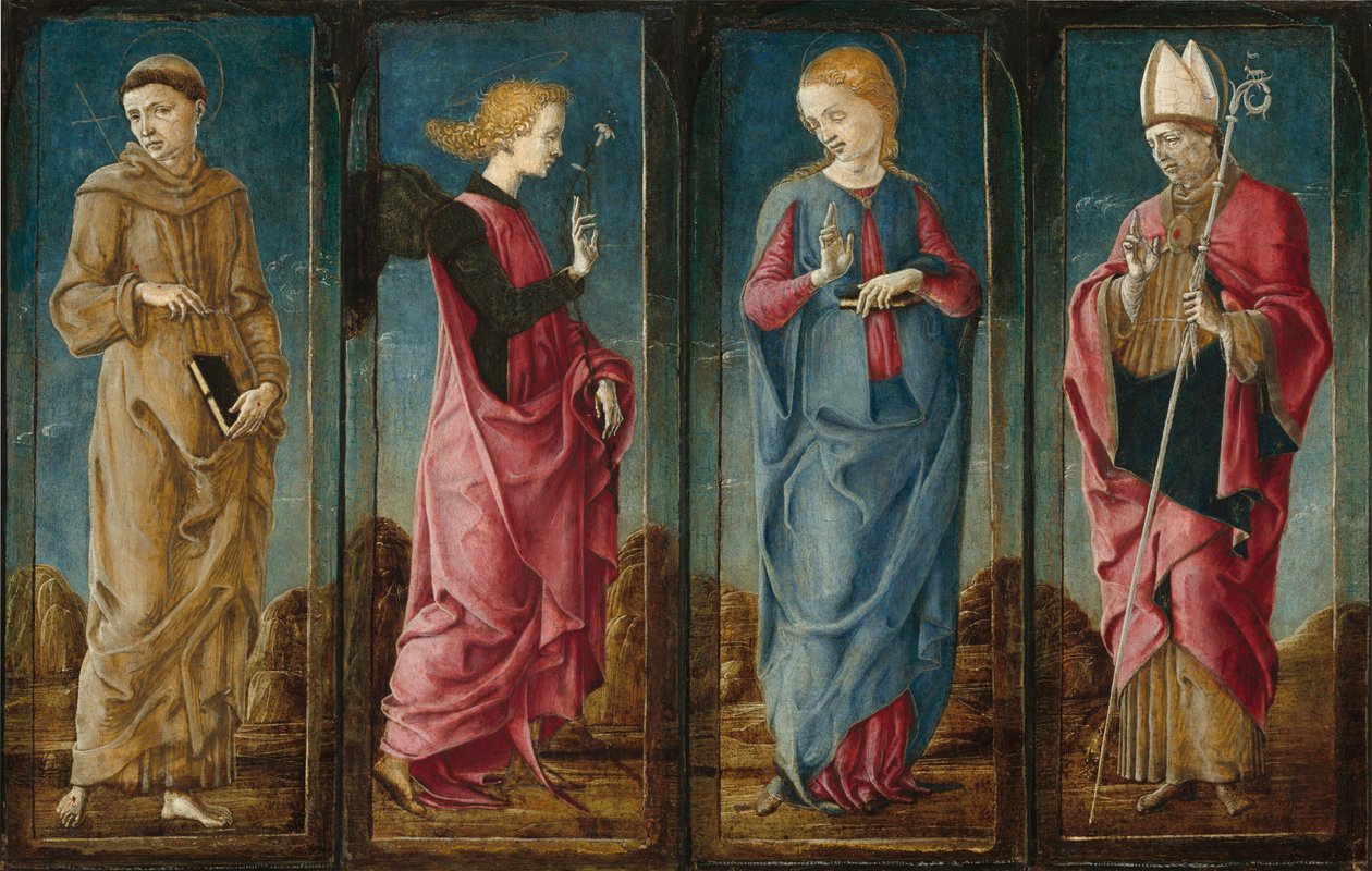 Bebudelsen med Saint Francis og Saint Louis av Toulouse [fire paneler] av Cosmè Tura
