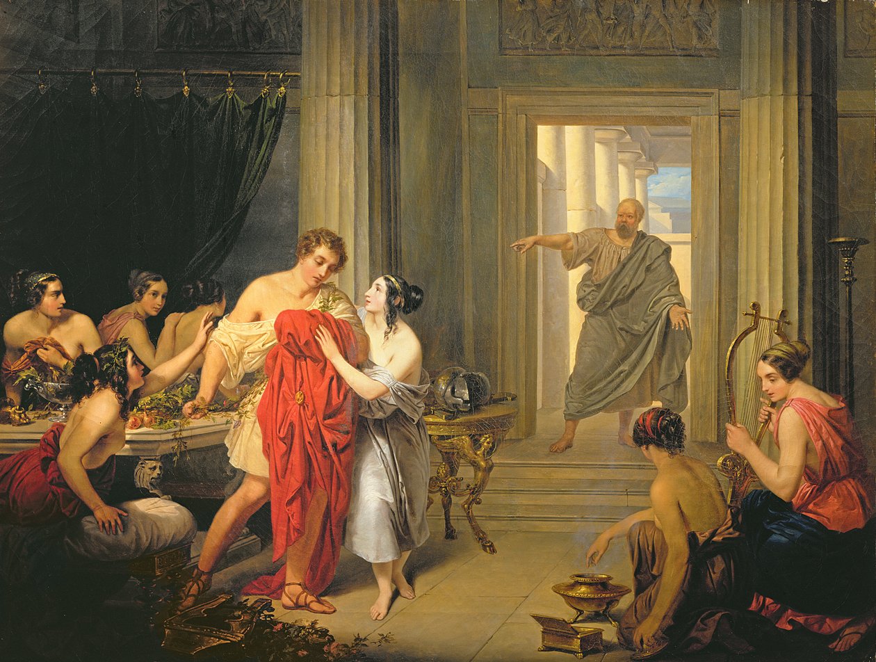 Alcibiades blant hetaerae (olje på lerret) av Cosroe Dusi