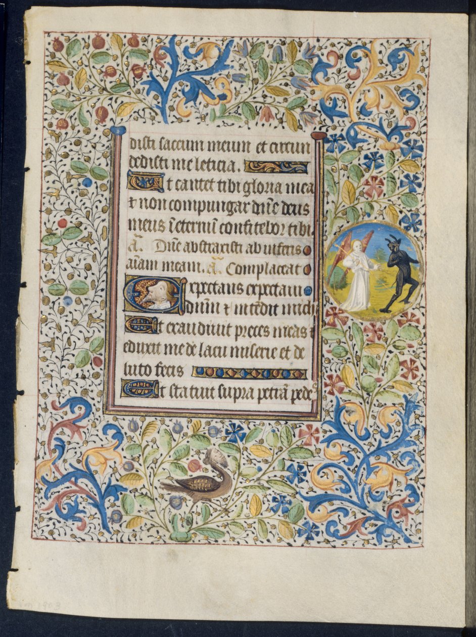 Leaf from a Book of Hours: Angel Chasing a Devil recto og Two Devils verso, ca. 1460. av Coëtivy Master