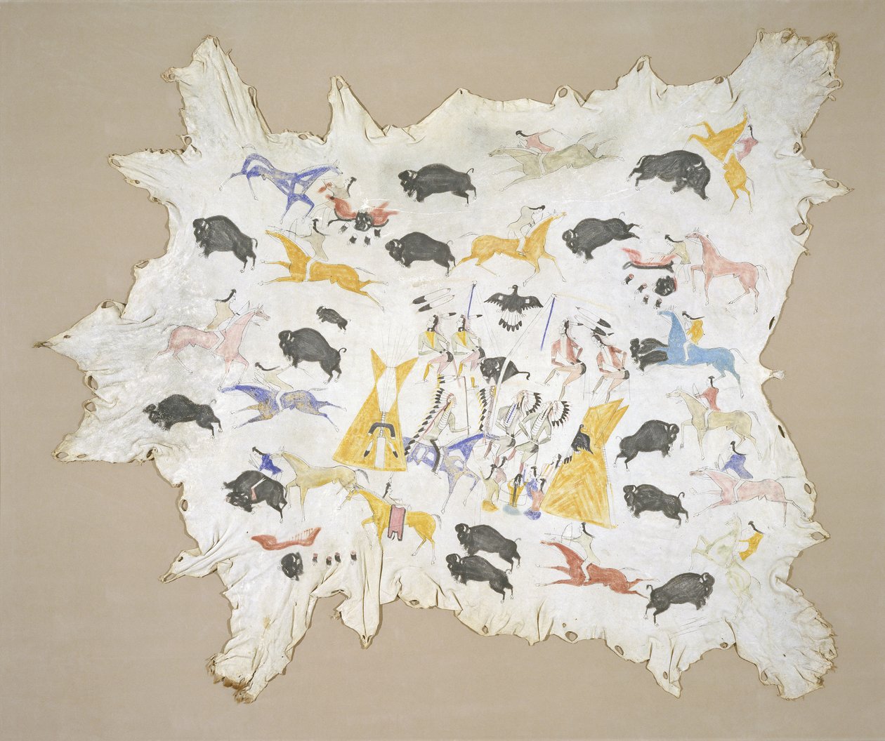 Scenes of Plains Indian Life, ca. 1880 (pigment på elghid) av Cotsiogo