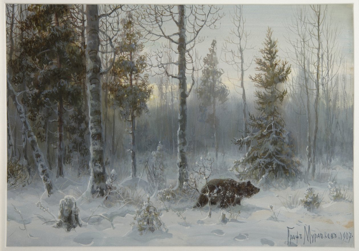 Bjørn i vinterskogen, 1907 av Count Vladimir Leonidovich Muravyov