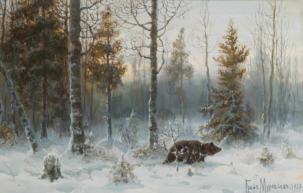 Vinterlandskap med bjørn, 1907 av Count Vladimir Leonidovich Muravyov