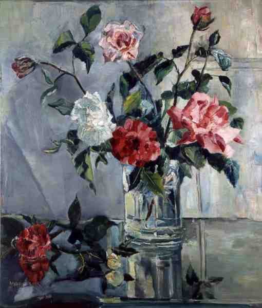 Roses on a Ledge in a Glass Vase, ca. 1922 (olje på lerret) av Countess Nora  (fl.1927 33) Wydenbruck