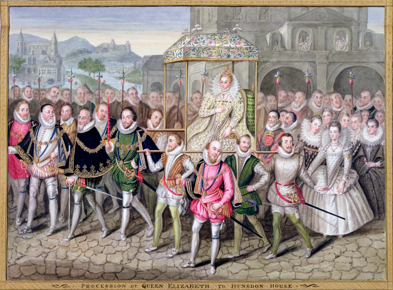 Dronning Elizabeth I i prosesjon med hoffmennene sine, c1600-1603 1825 av Countess of Essex Sarah