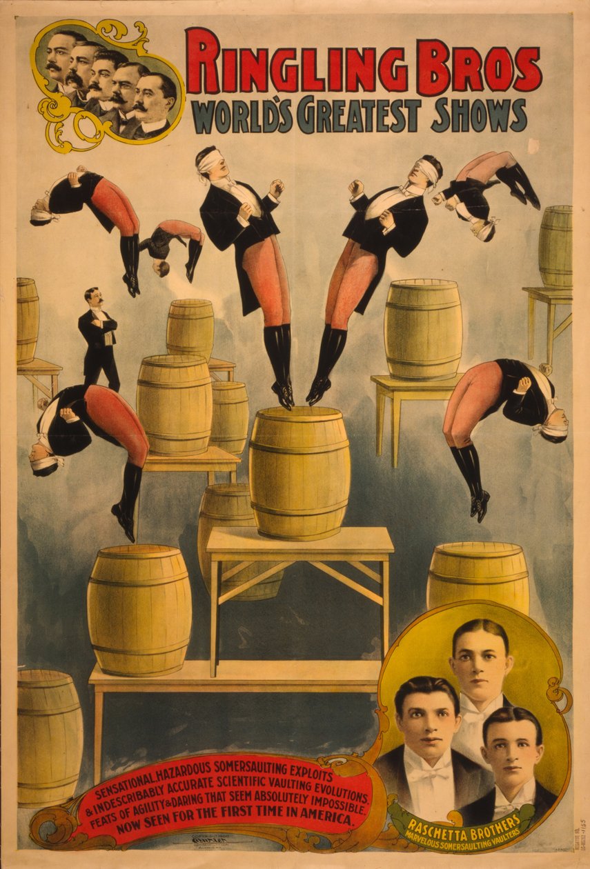 Ringling Bros, verdens største show Raschetta-brødre, fantastiske saltovoltere, ca. 1900 av Courier Company Lith.