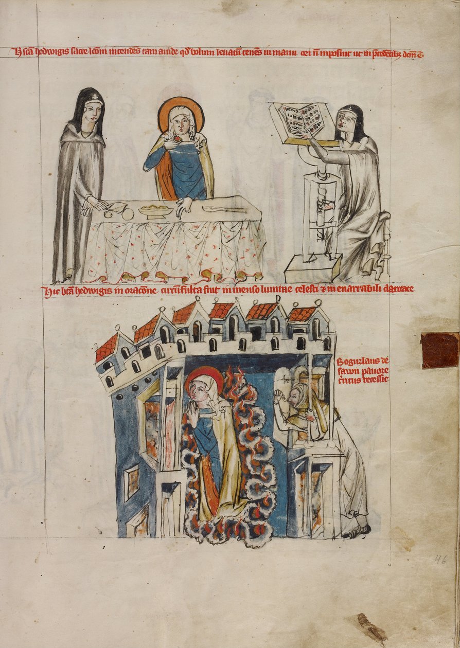 Hedwig Lytte til en lesning; Hedwig ber av Court workshop of Duke Ludwig I of Liegnitz and Brieg