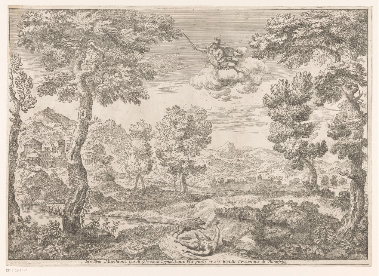 Adonis angrepet av en villsvin Landskap etter malerier i Palazzo Theodoli i San Vito Romano (serietittel) av Crescenzio Onofrij