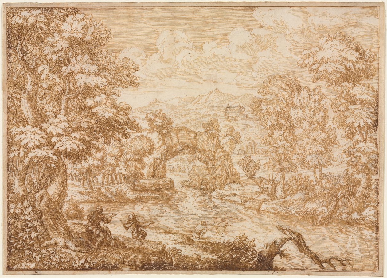 Elvelandskap med buet stein, andre halvdel av 1600-tallet. av Crescenzio di Onofrio