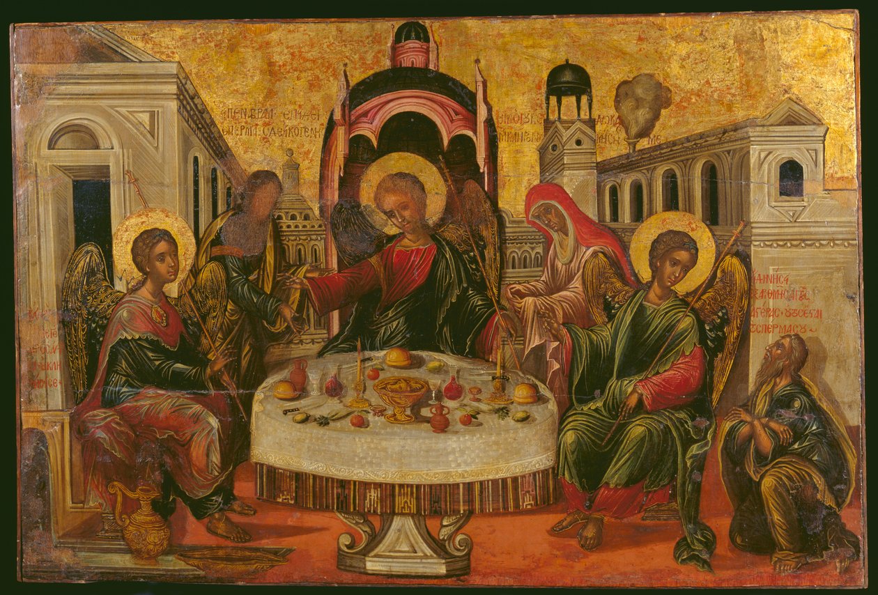 The Hospitality of Abraham and Sarah (eggtempera på panel) av Cretan School