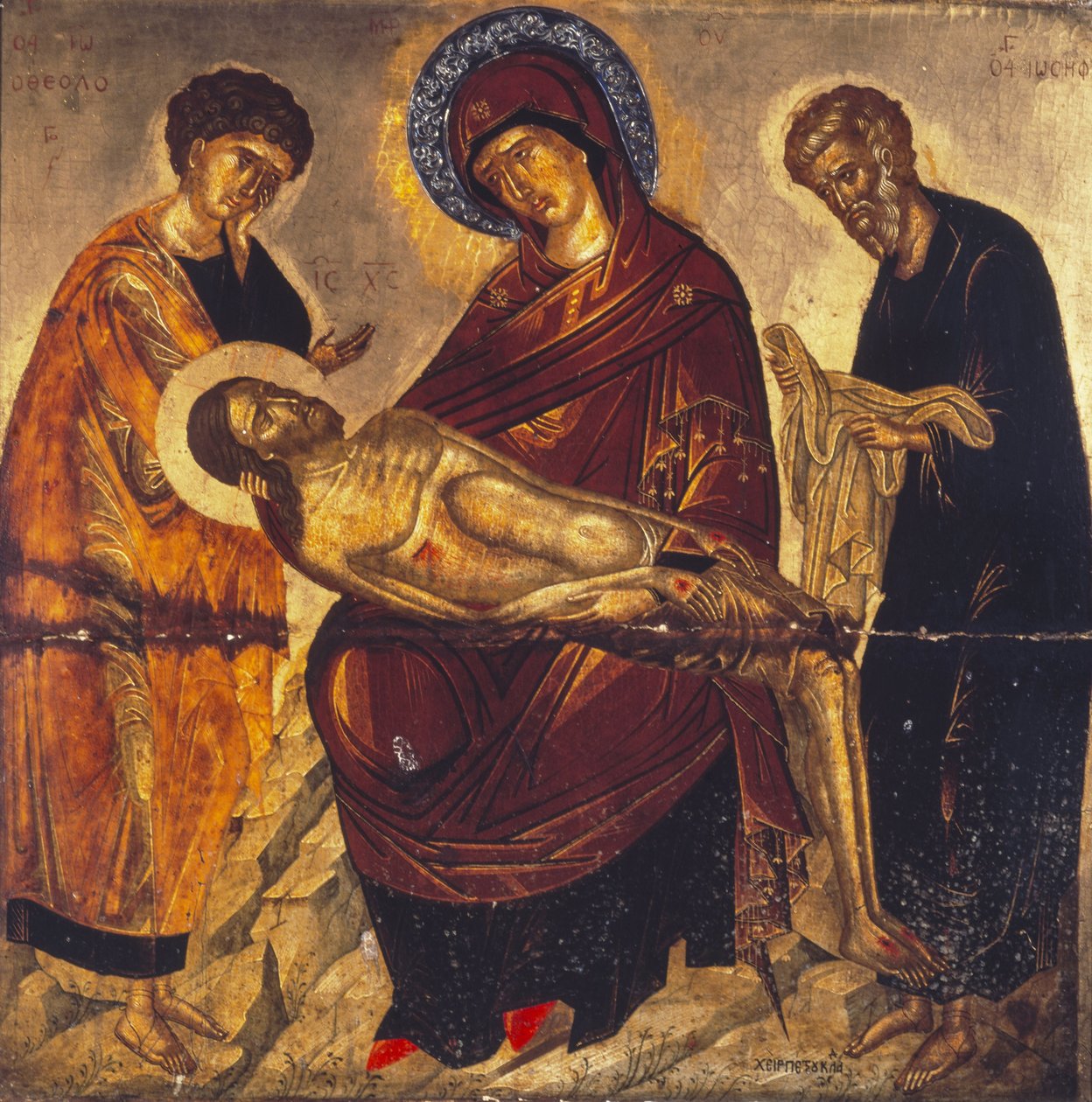 Jomfruen med den døde Kristus og de hellige Johannes evangelisten og Josef av Arimathea, sent på 1400-tallet (tempera og gull på panel) av Cretan School