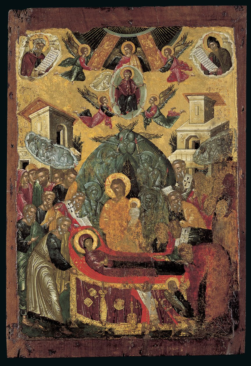 The Dormition of the Virgin (eggtempera på tre med kobber) av Cretan School