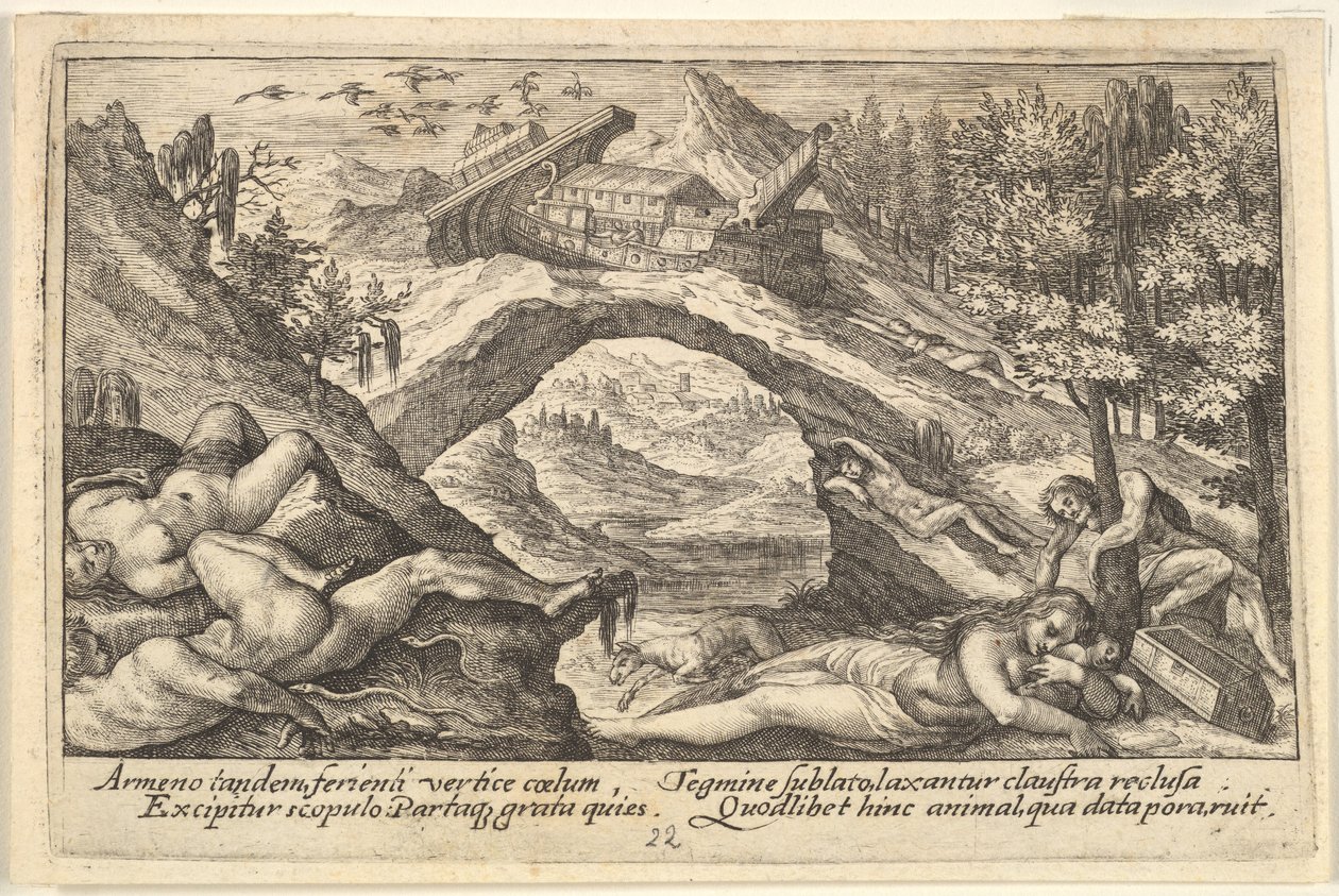 Etterdønninger av flommen: menneskekropper strødd på tørt land i forgrunnen, Noahs arkmyr..., 1612. av Crispijn de Passe I