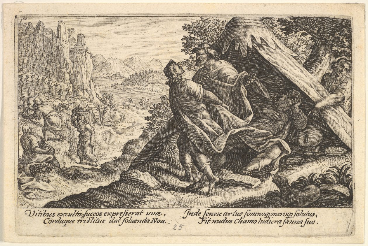 Noahs drukkenskap: Sem og Jafet dekker den nakne kroppen til Noah, som ligger i et telt, en ..., 1612. av Crispijn de Passe I