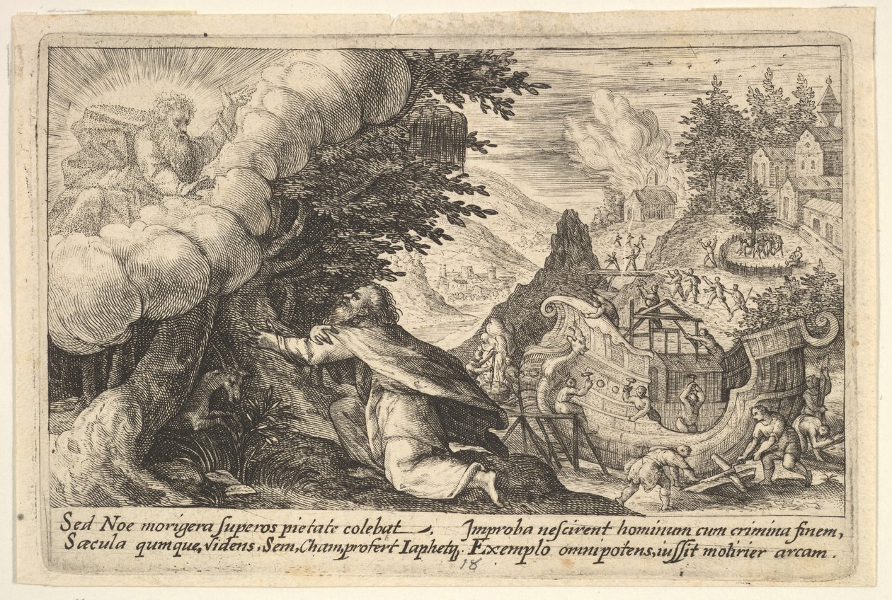 Noah kneler foran Gud til venstre, byggingen av arken i gang bortenfor, fra en serie..., 1612. av Crispijn de Passe I
