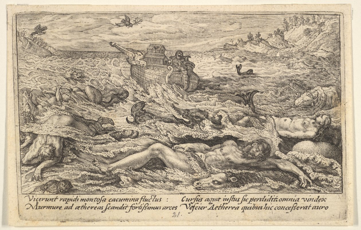 Flommen ødelegger livet på jorden: lik av mennesker og dyr driver i forgrunnen..., 1612. av Crispijn de Passe I