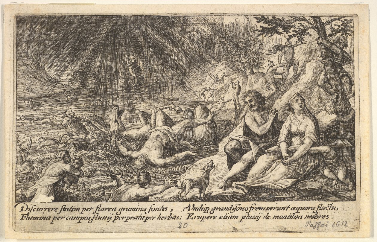 Begynnelsen av flommen: menn og kvinner klatrer til høyere bakken til høyre, vann overtak..., 1612. av Crispijn de Passe I