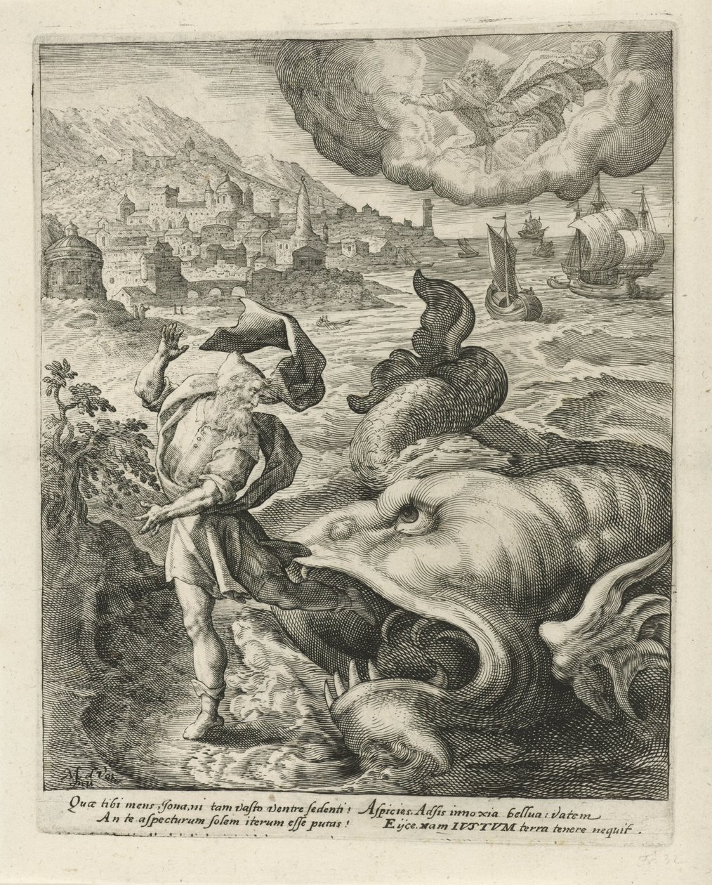 Fisken spyttet Jona ut på landet History of Jonah (serietittel) av Crispijn van de Passe (I)