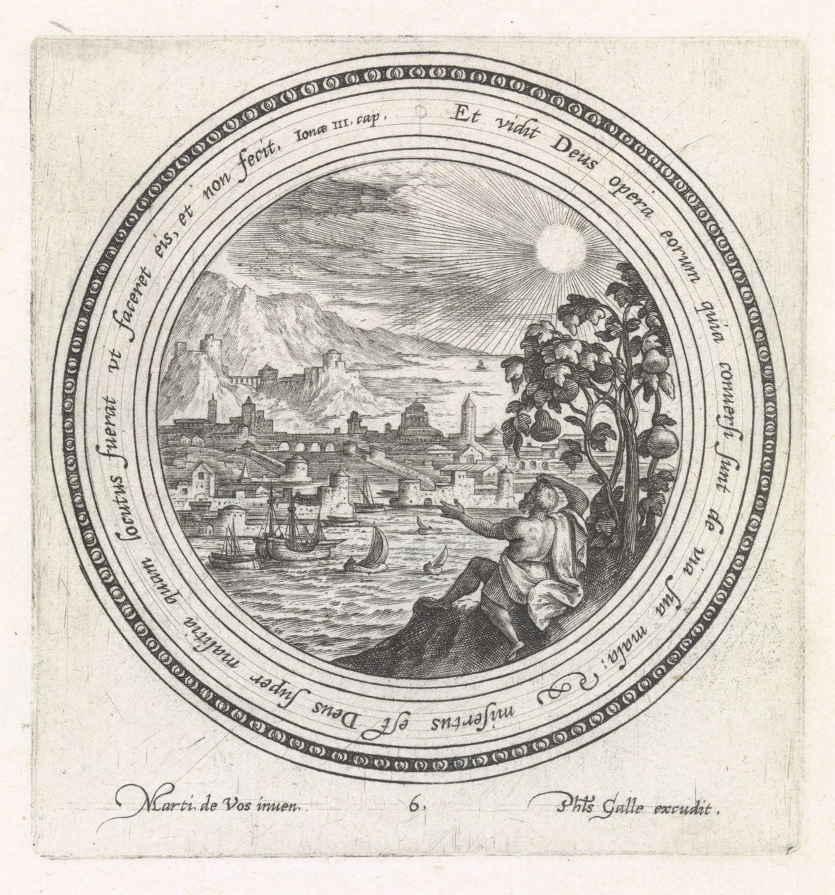 Jonas sitter under kalebassen History of Jonah (serietittel) av Crispijn van de Passe (I)