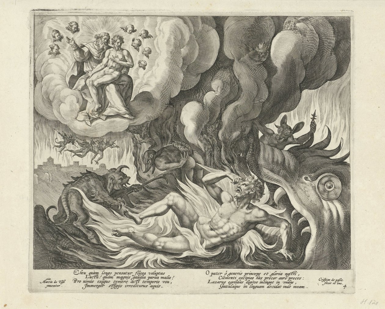 Lasarus i himmelen og den rike mannen i helvete Lignelse om den rike mannen og den fattige Lasarus (serietittel) av Crispijn van de Passe (I)