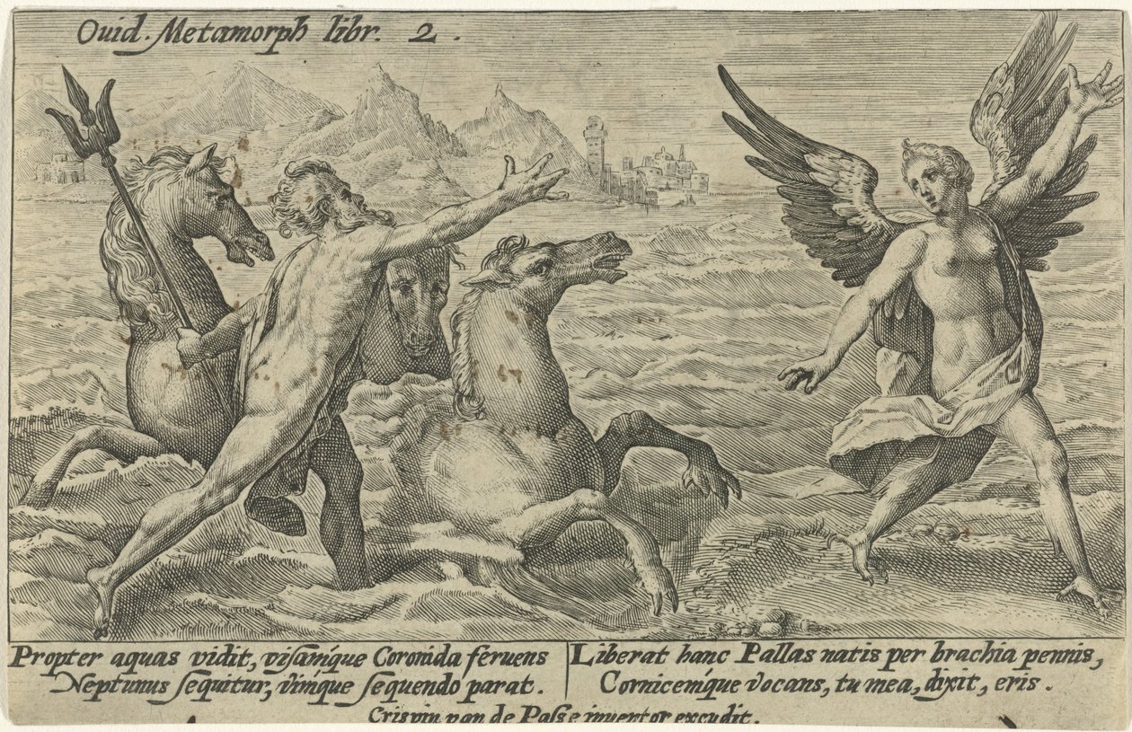 Neptun strekker seg etter Coronis Metamorphoses of Ovid (serietittel) av Crispijn van de Passe (I)