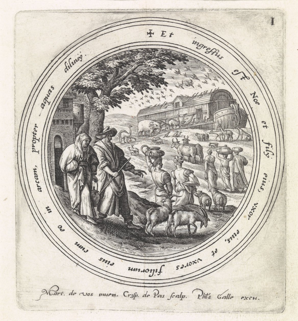 Noah gikk om bord i arken med familien sin og dyrene History of Noah (serietittel) av Crispijn van de Passe (I)