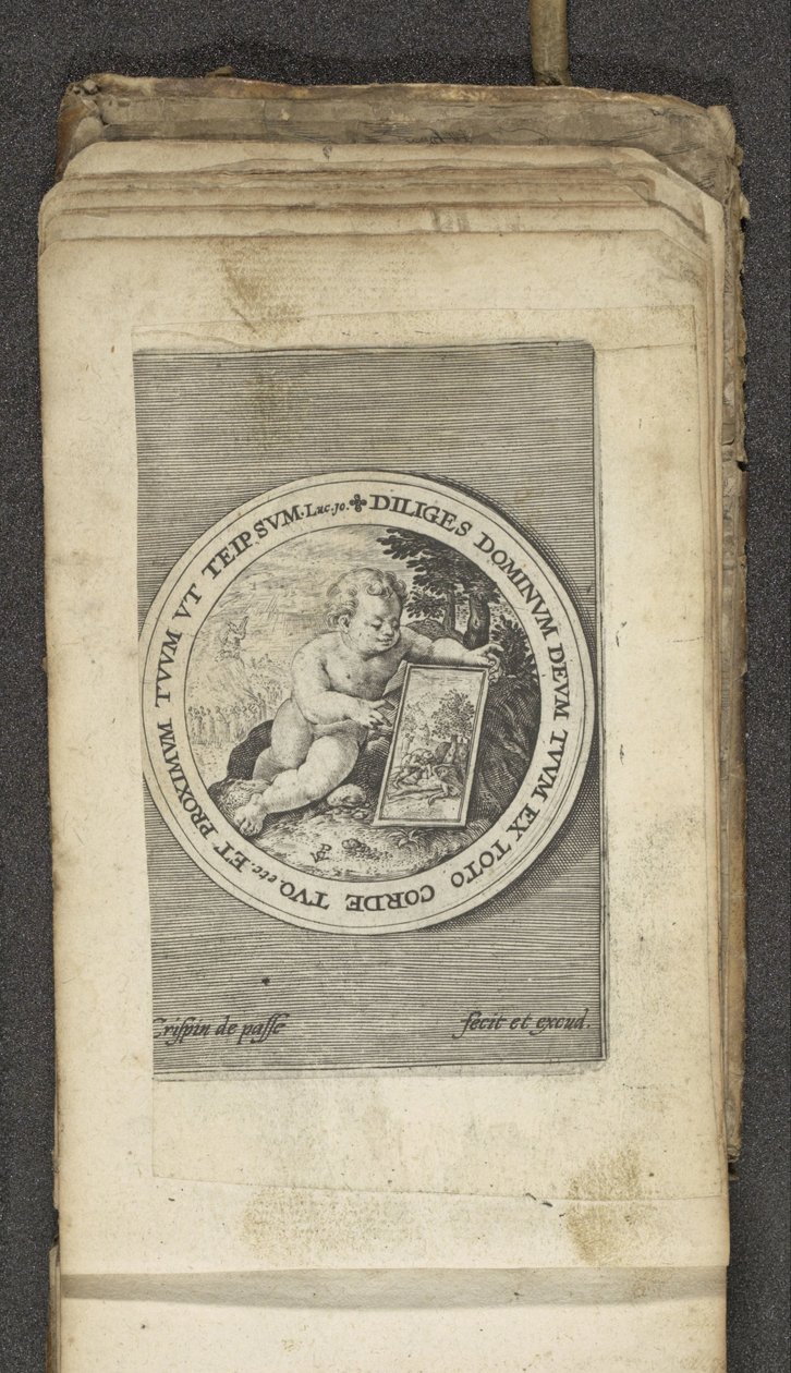 Putto med nettbrett Putti avbilder Guds ord (serietittel) Verbum Dei (serietittel) av Crispijn van de Passe (I)