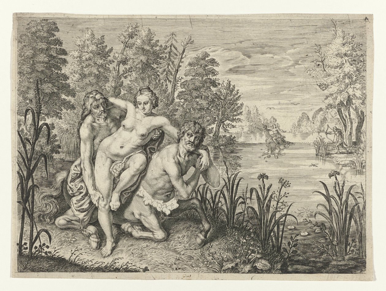 Nessus tar Deianira over elven Dianier of Nessus satt over strømmen (tittel på objekt) Metamorphoses of Ovid (serietittel) av Crispijn van de Passe (II) (possibly)