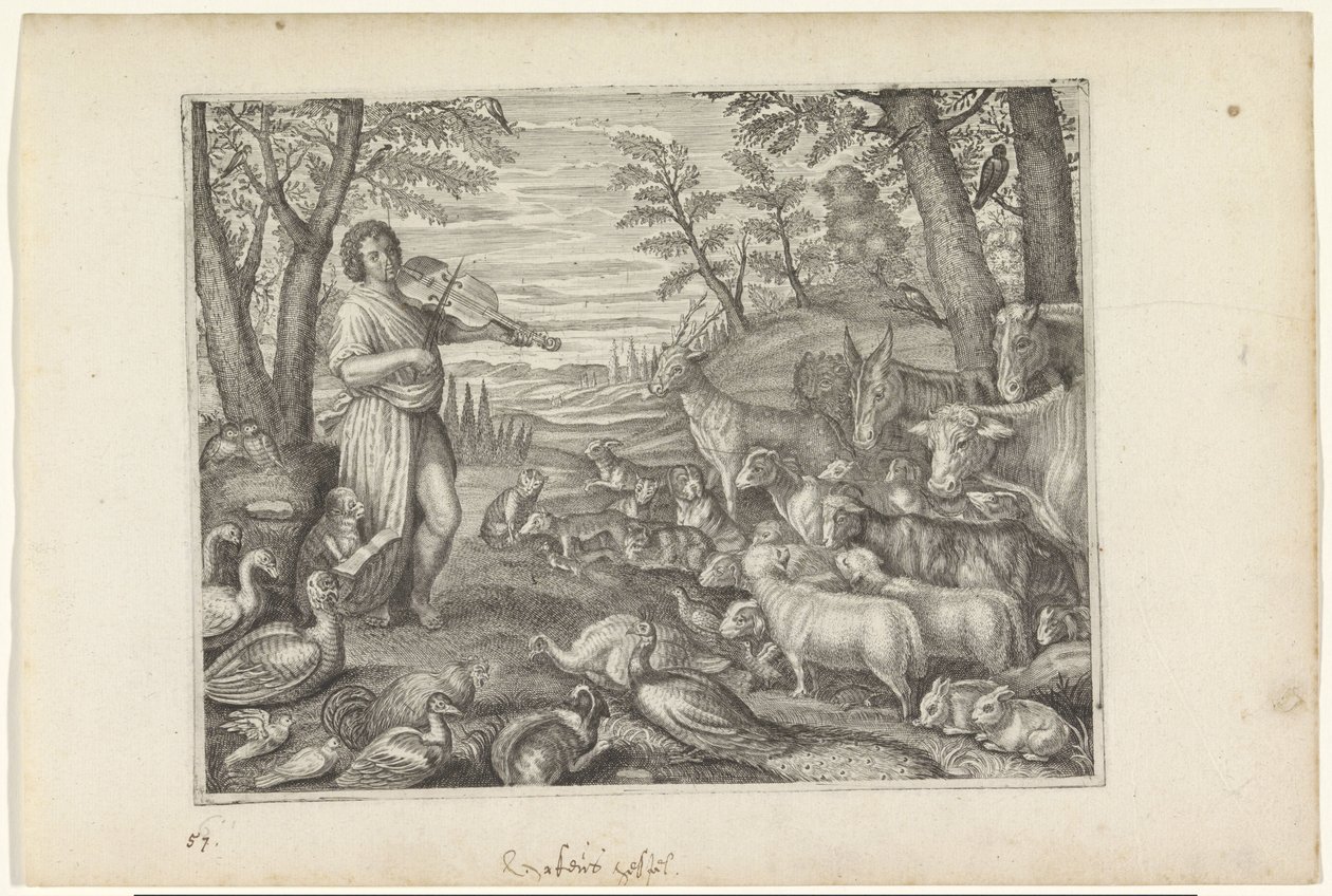 Orfeus fortryller dyrene med musikken sin Metamorphoses of Ovid (serietittel) av Crispijn van de Passe (II)