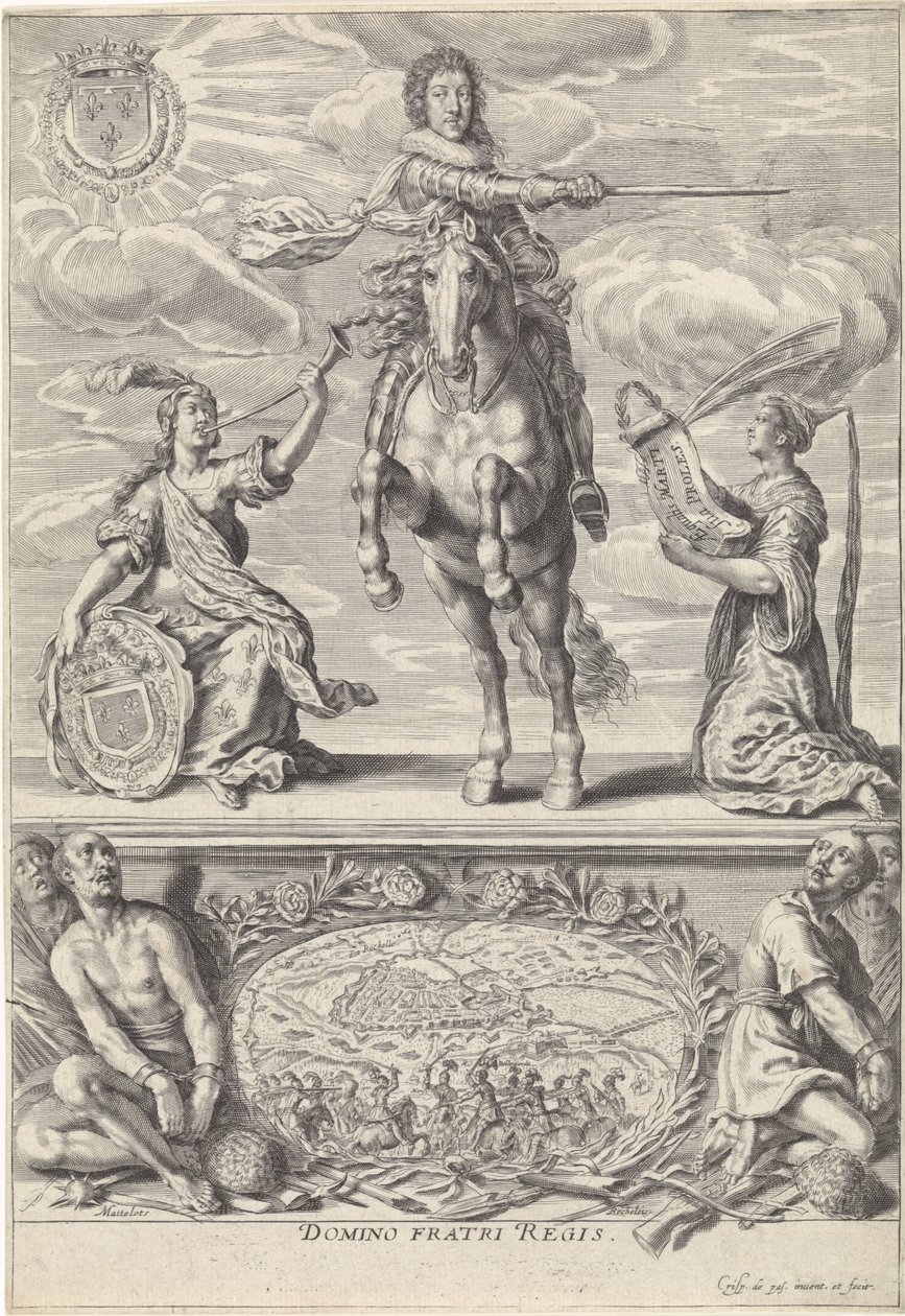 Portrett av Gaston Jean-Baptiste av Orléans, til hest Domino Fratri Regis. (tittel på objekt) av Crispijn van de Passe (II)