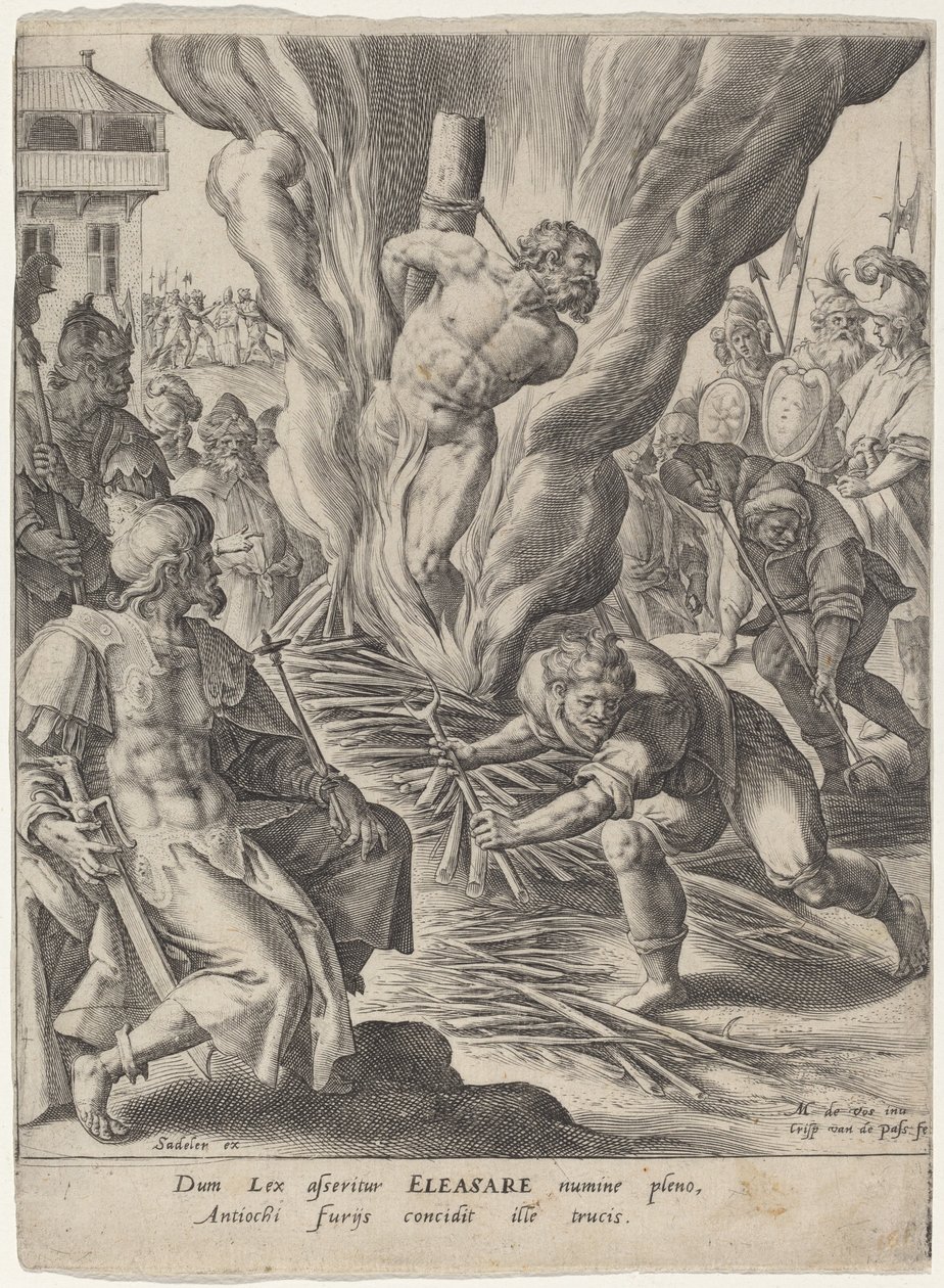 Eleasar brent av Antiochus av Crispijn van de Passe I after Maarten de Vos