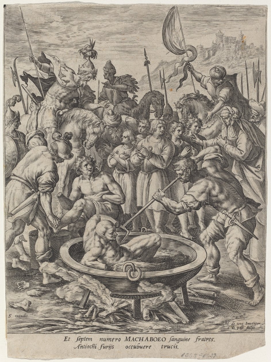 De syv makkabeiske brødre drept av Antiokus av Crispijn van de Passe I after Maarten de Vos