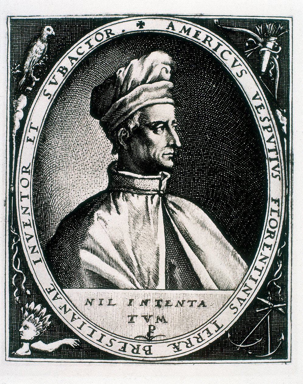 Portrett av Amerigo Vespucci, inskripsjon "Americus Vesputius Florentinus Land of Bresilian Inventor Subactor" (gravering) av Crispin I de (after) Passe