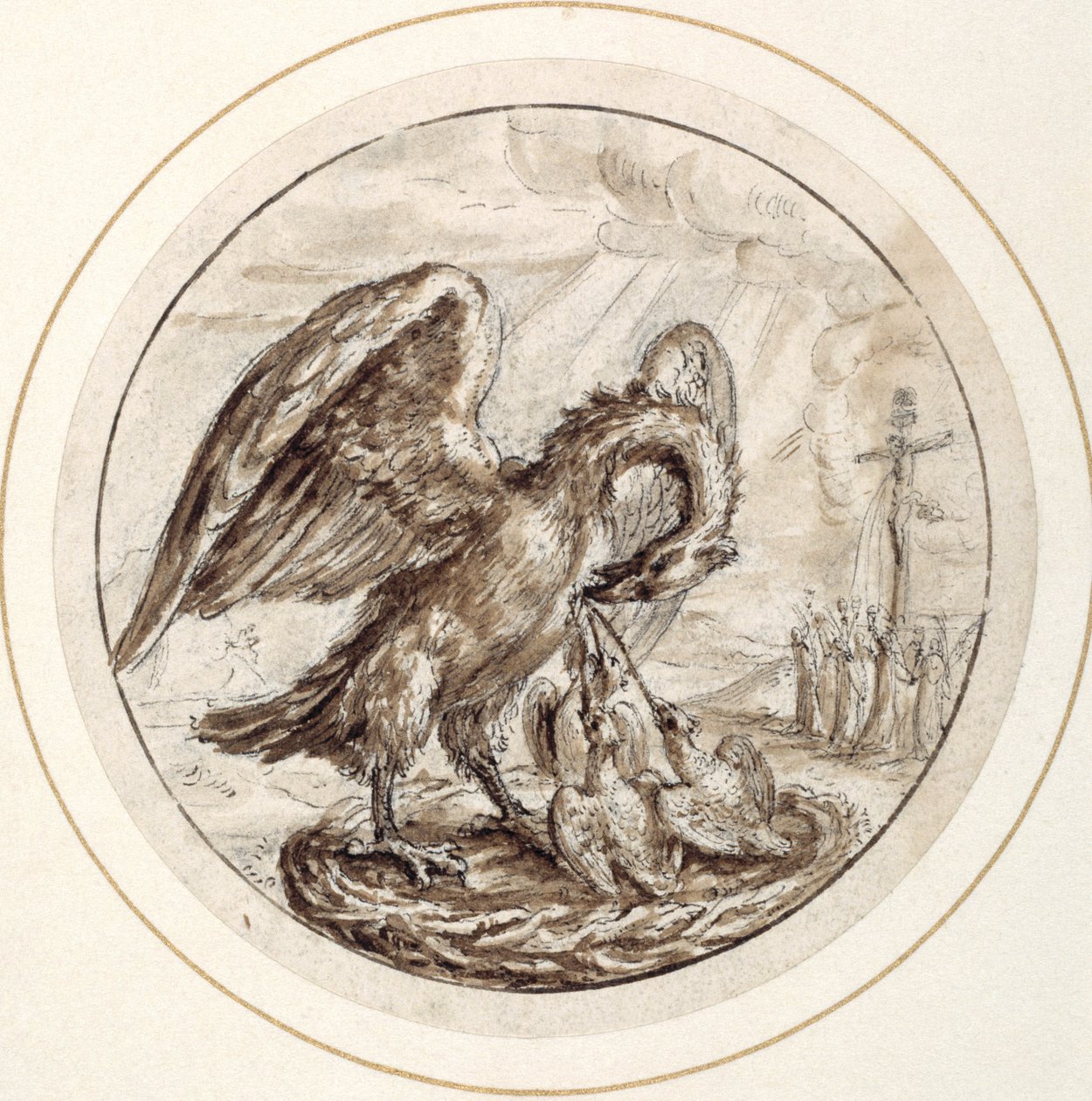En pelikan i hennes fromhet, tidlig på 1600-tallet (penn og brunt blekk med brun vask) av Crispin I de Passe