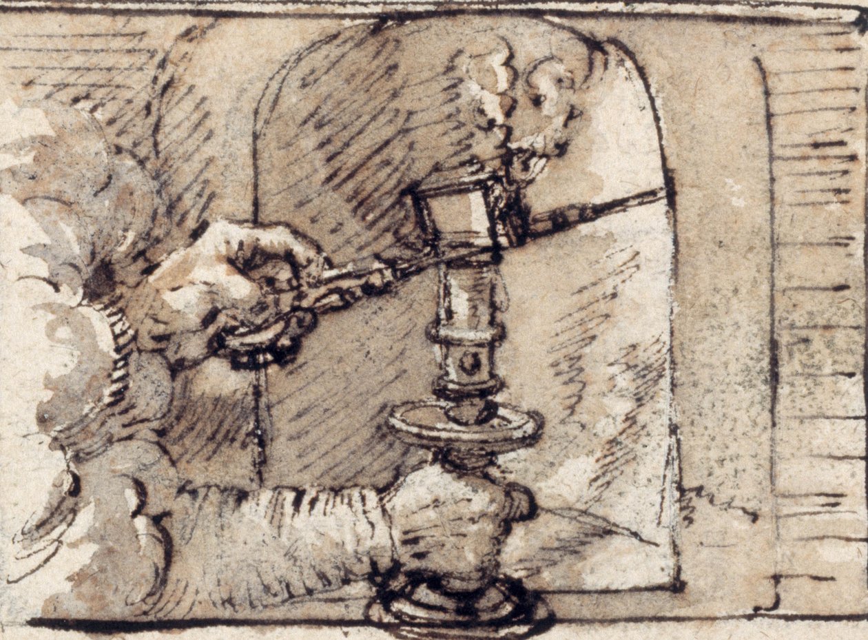 Et par hender som kommer fra skyen, snuser et stearinlys i en lysestake (penn og brunt blekk med brun vask på papir) av Crispin I de Passe