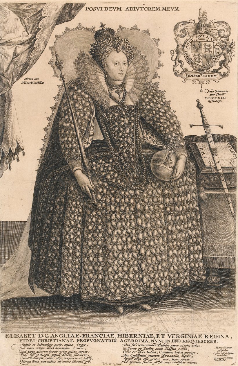 Elizabeth, dronning av England, ca. 1603 (gravering) av Crispin I de Passe