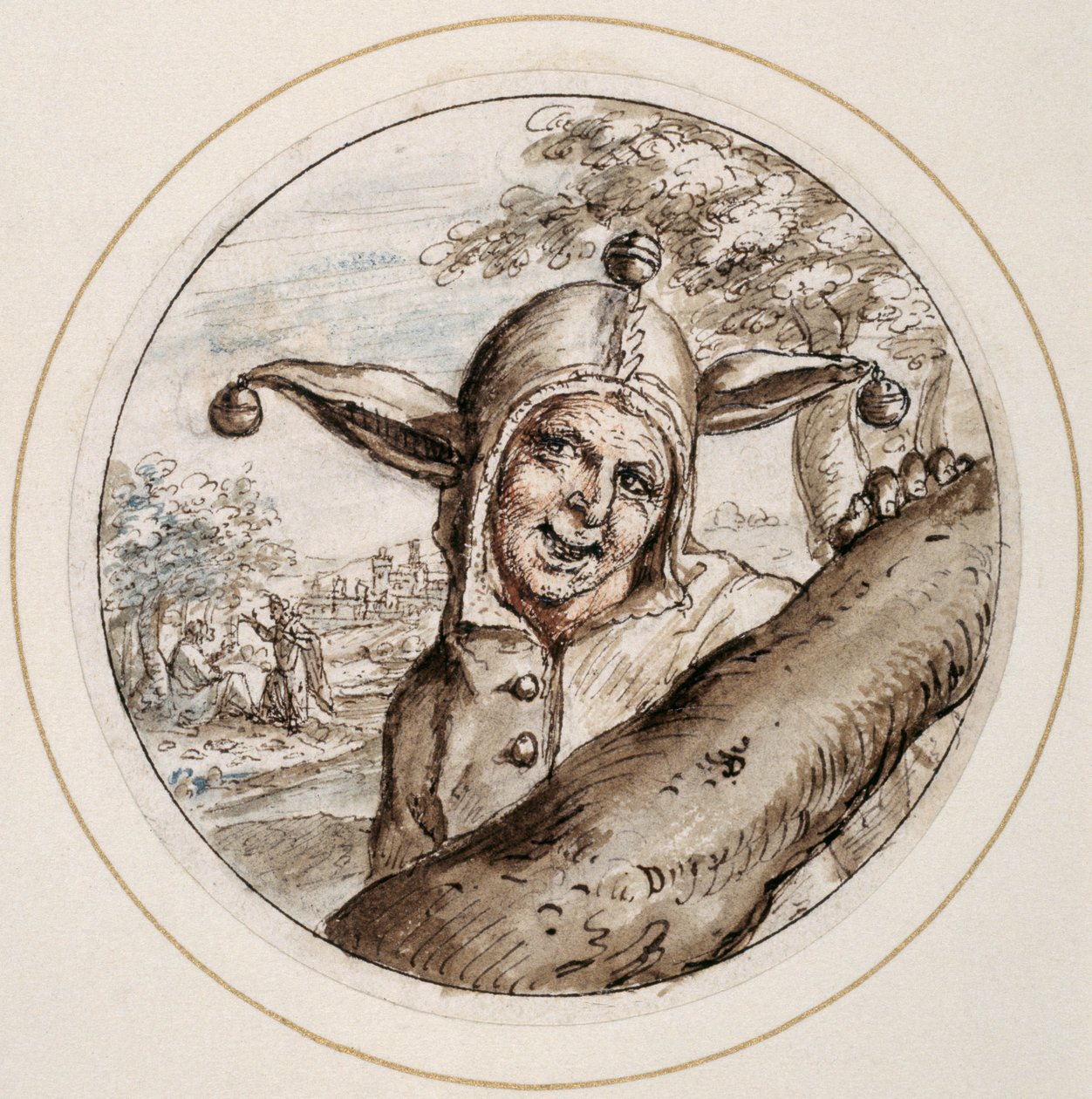 Fool with Cap and Bells, tidlig på 1600-tallet (penn og brunt blekk med brun, grå og rose vask) av Crispin I de Passe