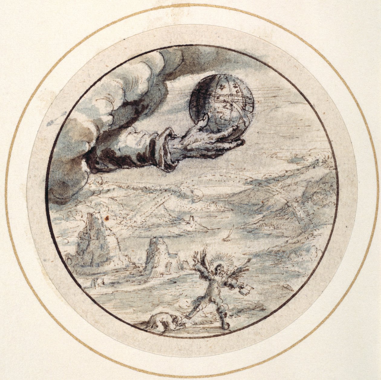 Hånd med Celestial Sphere, tidlig på 1600-tallet (penn og brunt blekk med grå og brune vasker og hvit kroppsfarge) av Crispin I de Passe
