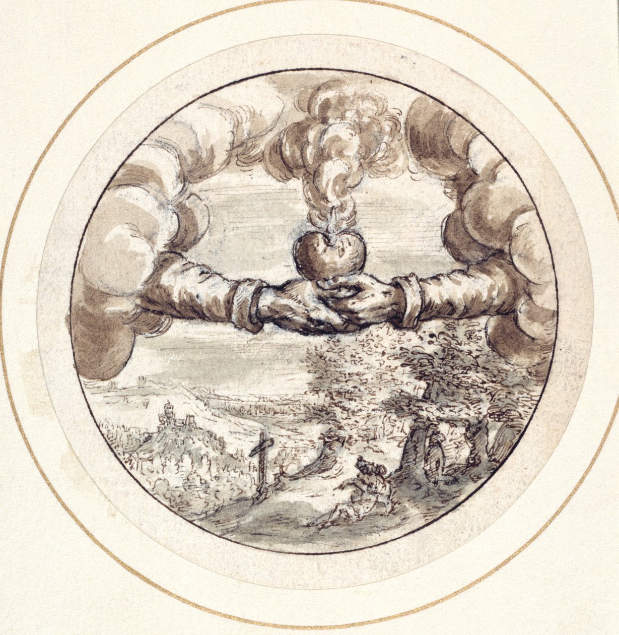 Hender som holder et flammende hjerte og keiserlig krone med utsikt over Circus Maximus (penn og brunt blekk med brun vask på papir) av Crispin I de Passe