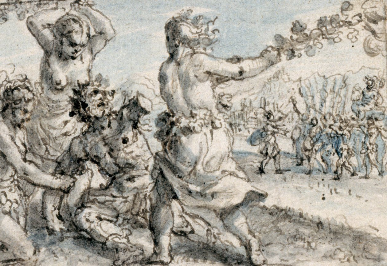 Maenads som slo Pentheus, tidlig på 1600-tallet (penn og brunt blekk med brune, blå og grå vasker) av Crispin I de Passe