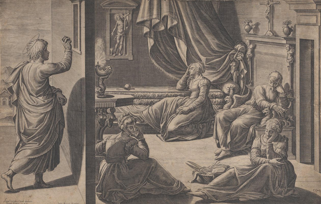 Saint Nicholas of Bari og de tre fattige jentene, 1587. av Cristofano Cartaro