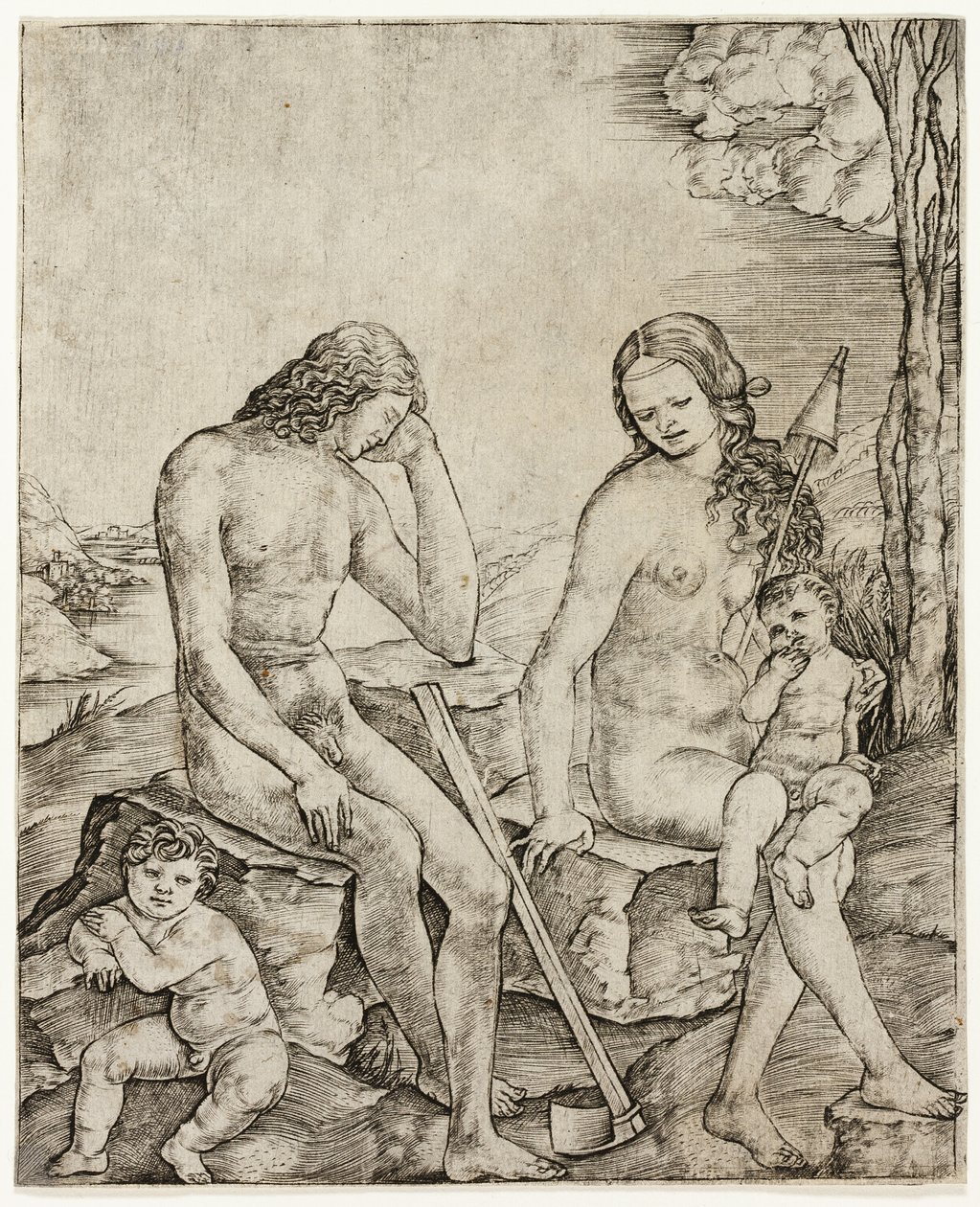 Adam og Eva med spedbarn Kain og Abel av Cristofano Robetta
