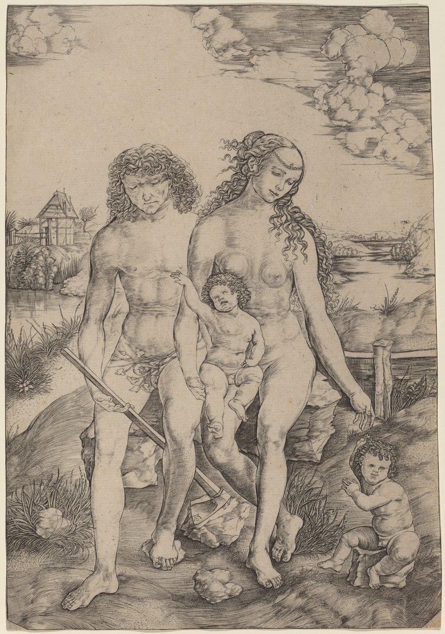 Adam og Eva med spedbarnene Kain og Abel av Cristofano Robetta
