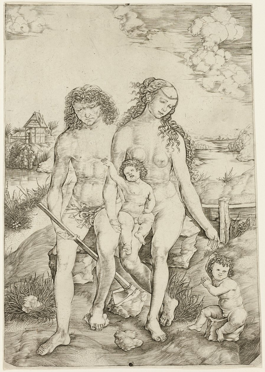 Adam og Eva med spedbarnene Kain og Abel av Cristofano Robetta