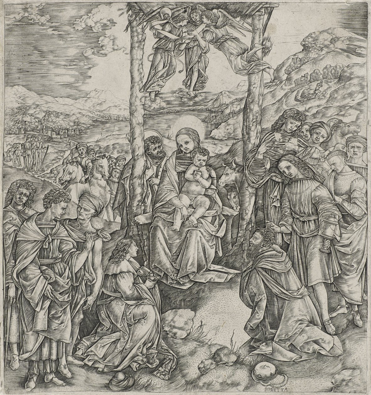 Adoration of the Magi (gravering på papir) av Cristofano Robetta