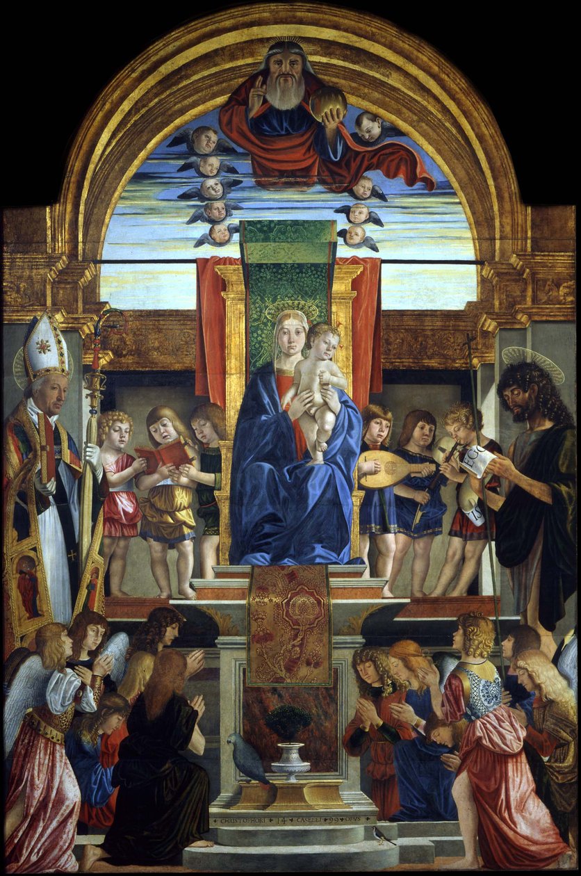 Jomfruen og barnet på tronen hos Gud Faderen og de hellige Hilarius og døperen Johannes, 1499 av Cristoforo Caselli