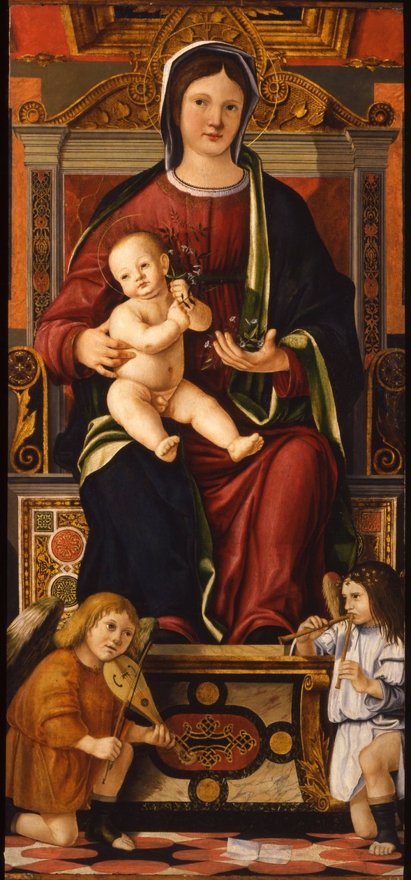 Jomfruen og barnet tronet med to musikerengler, 1508-1510 av Cristoforo Caselli