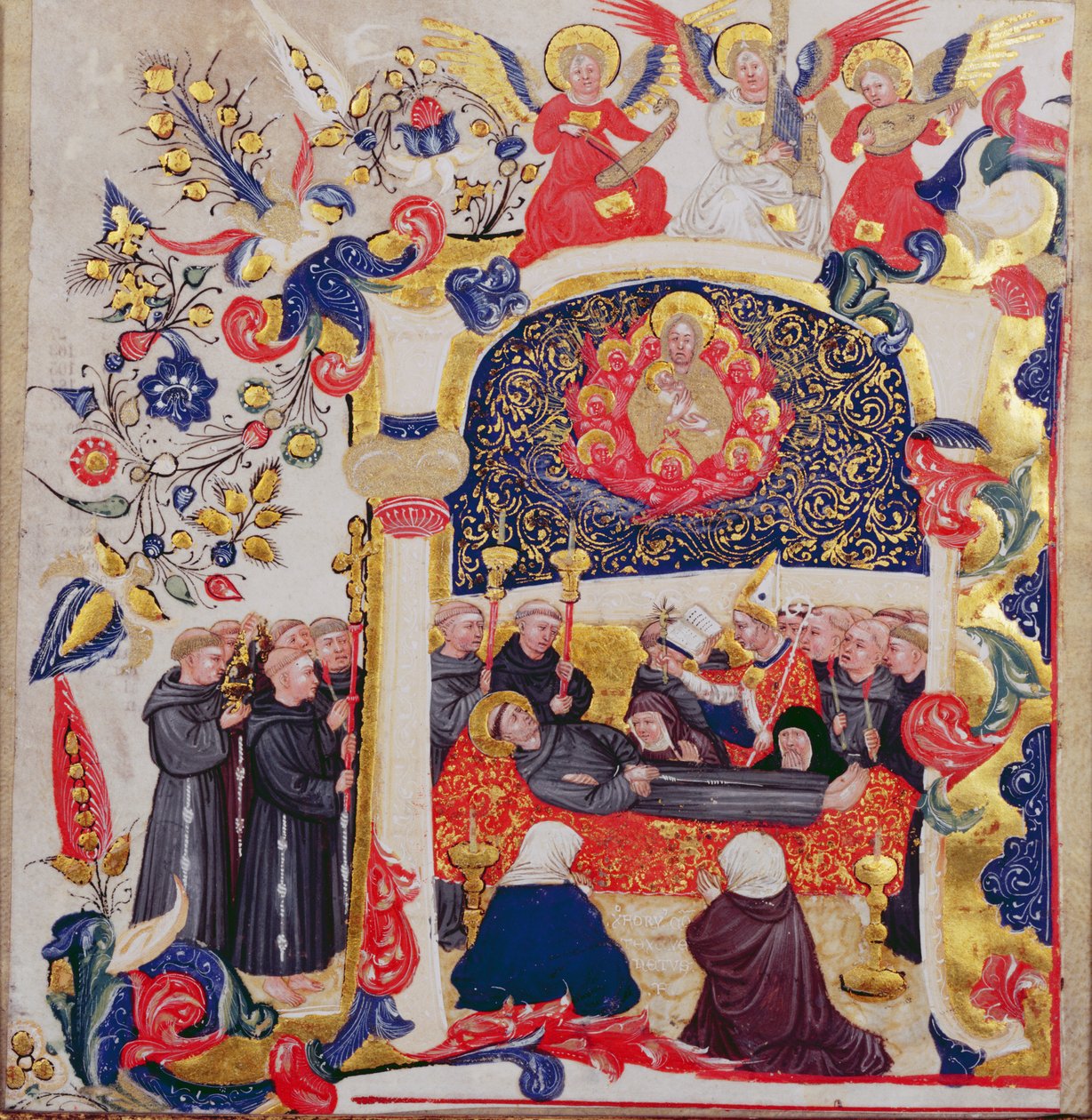 Bebodd initial 'A' som viser begravelsen til St. Francis, ca. 1410 av Cristoforo Cortese